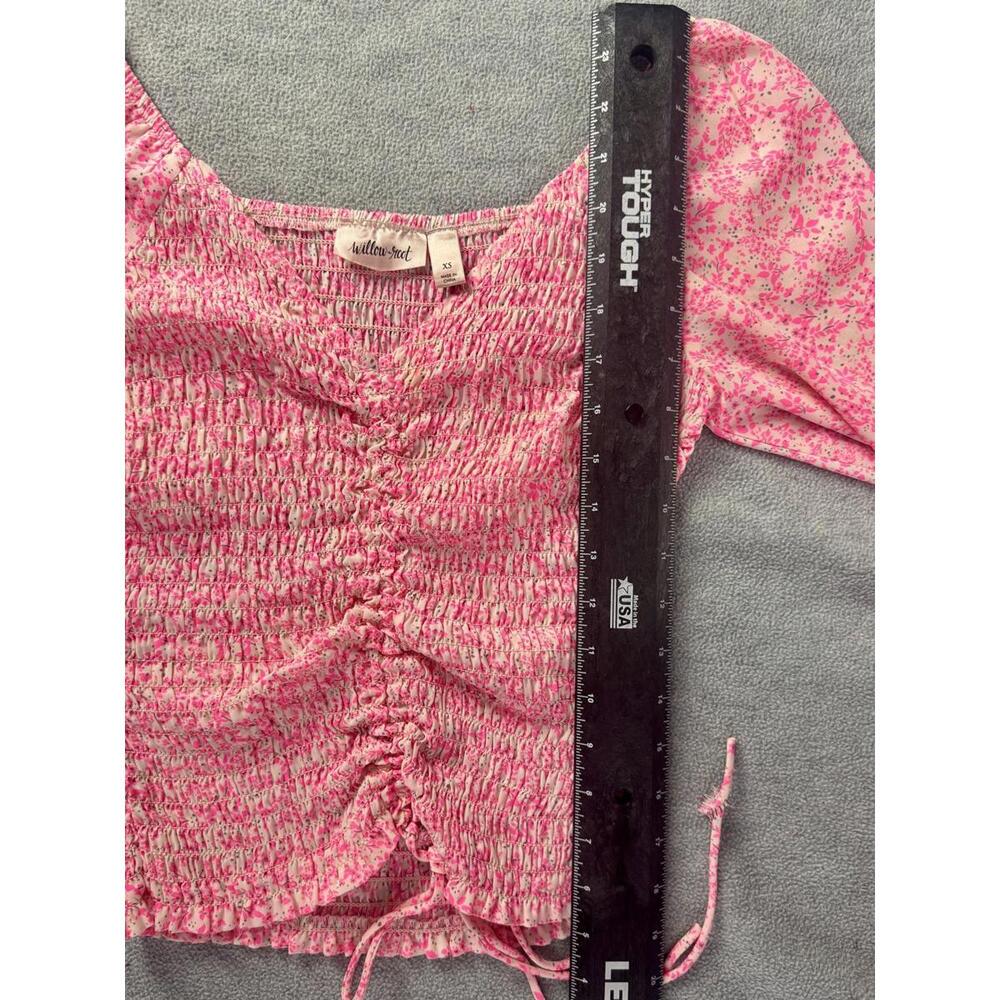 pink floral‎ smocked blouse cottagecore ruched tie front top xs - Picture 8 of 9